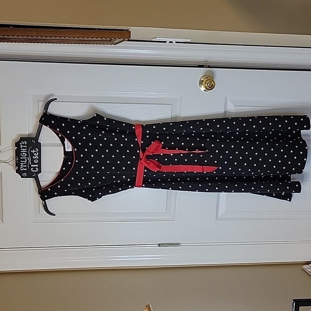 Studio 1 Petite Dress 8P Polka Dot Black White Red Sleeveless Ribbon Belt